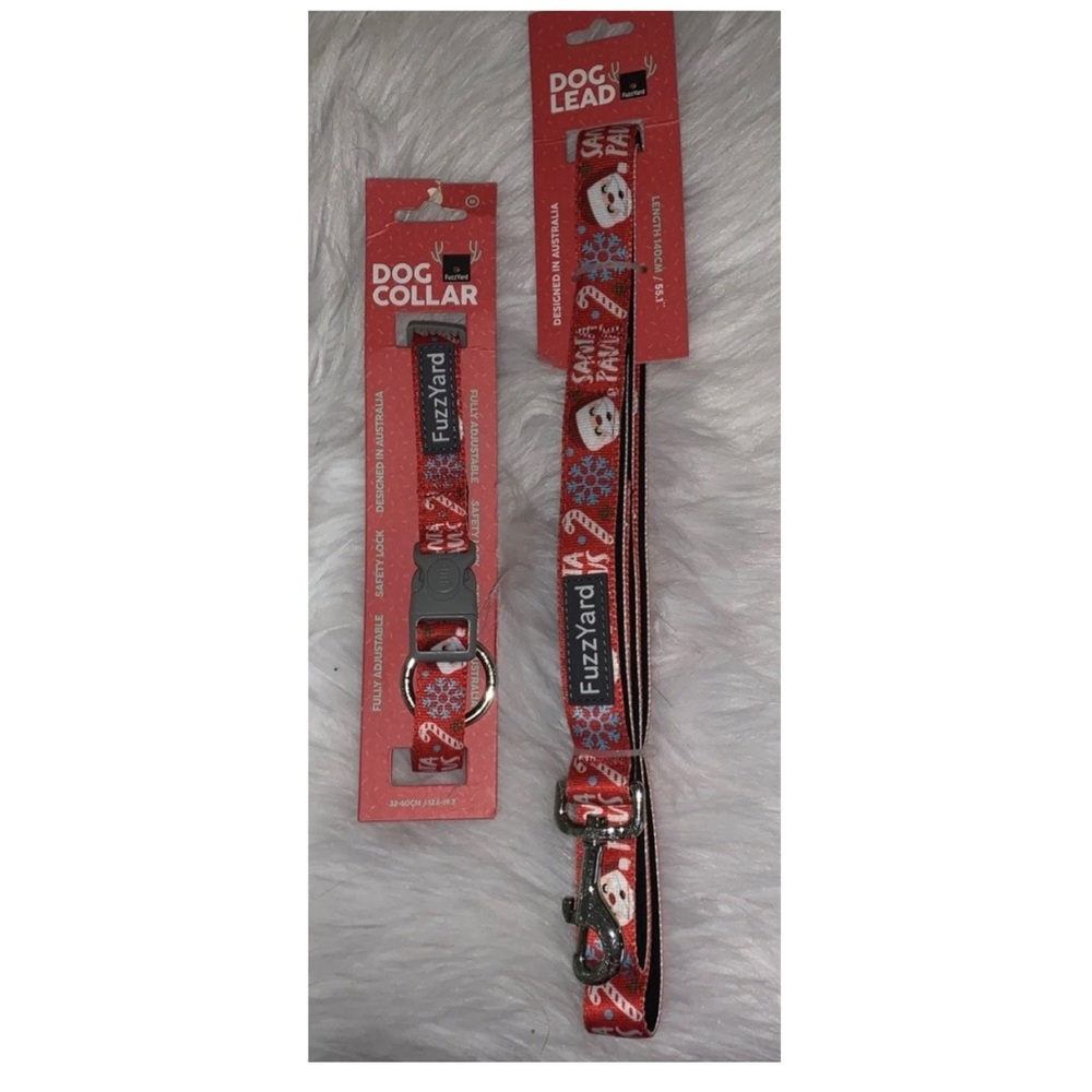 🦋 SANTA PAWS FuzzYard Red Dog Collar Medium Dog Breeds & Leash Set NWT